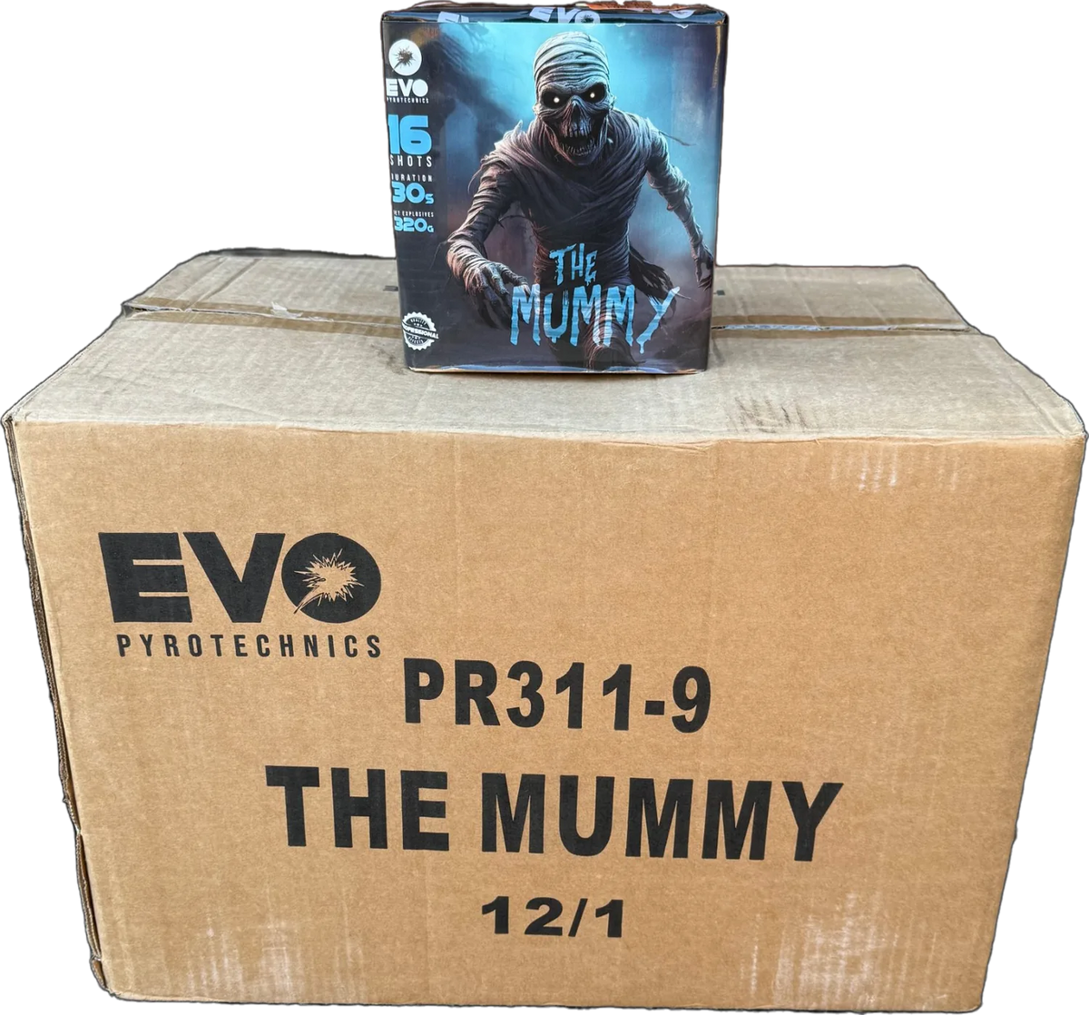 12x The Mummy trade case of twelve F3 cakes by Evo Fireworks