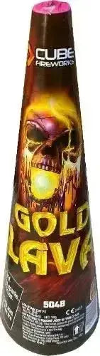 13" Gold Lava Fountain by Cube Fireworks features a dramatic cone design with fiery skull artwork, ideal for garden fireworks displays.