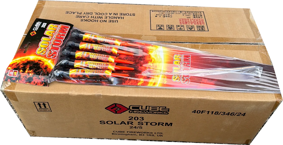 24x Solar Storm trade case of 24 F2 rocket packs by Cube Fireworks
