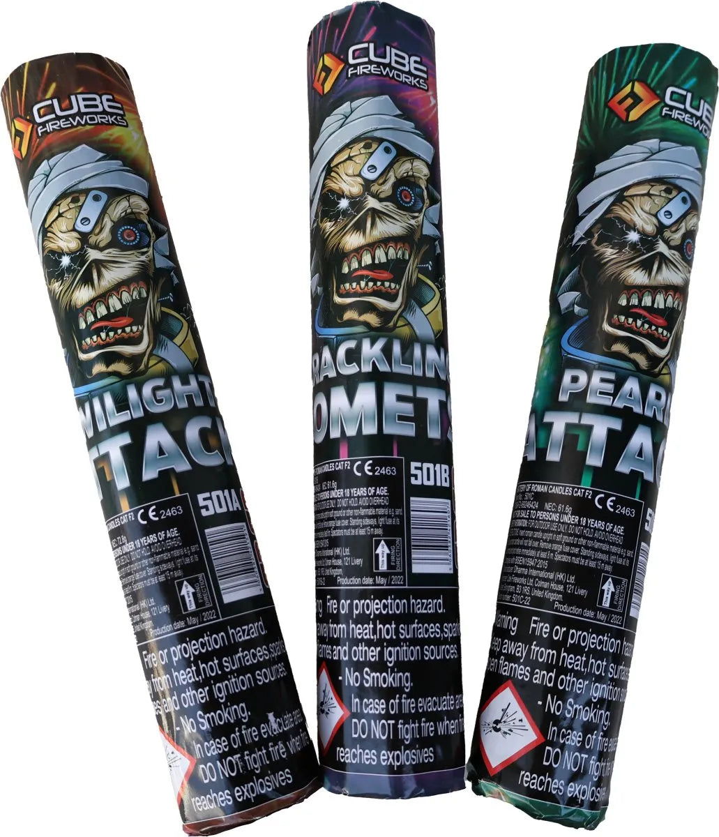 Attack Candles triple pack, three 56-shot candle barrages by Cube Fireworks