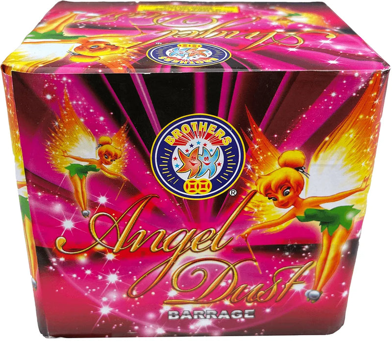 Angel Dust 20-shot gold mine cake by Brothers Pyrotechnics in a vibrant pink box with fairy graphics, ideal for garden fireworks displays.