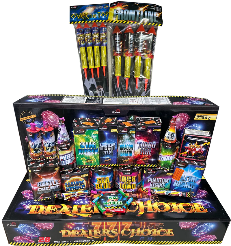 Dealers Choice Firework Selection Box by Primed Pyrotechnics featuring 28 assorted fireworks including rockets, fountains, and cakes for a vibrant display.