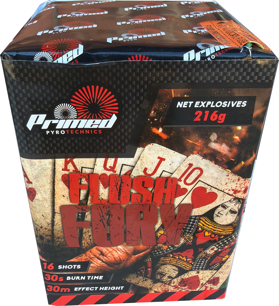 Flush Fury 16-shot F2 cake firework by Primed Pyrotechnics