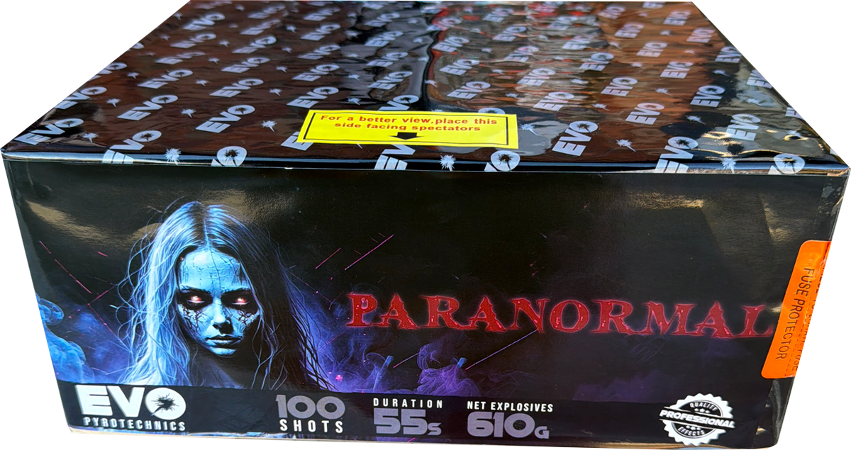 Paranormal 100-shot fanned F2 cake firework by Evo Fireworks