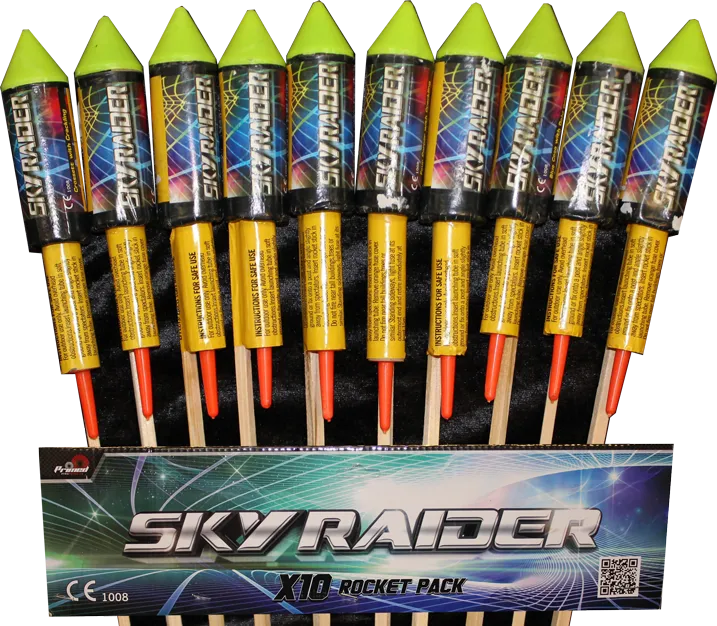 Sky Raider 10 rocket pack by Primed Pyrotechnics featuring colorful, high-powered fireworks ideal for parties and celebrations.