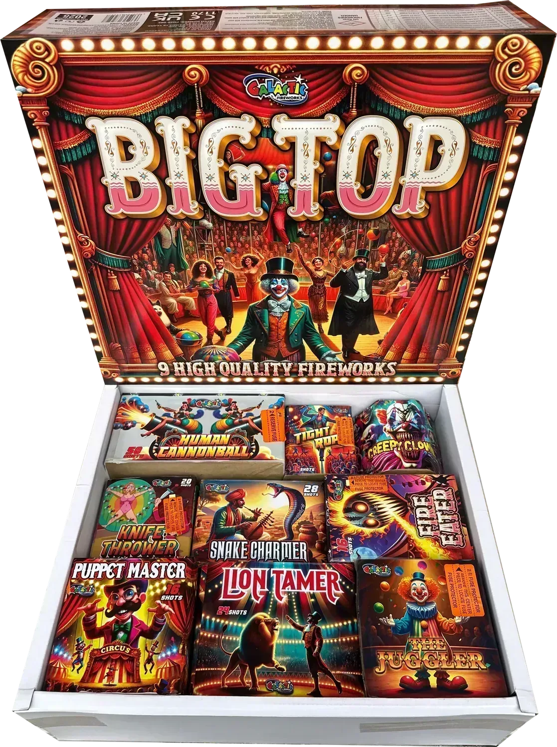 Big Top cake pack box by Galactic Fireworks, showing outer packaging design