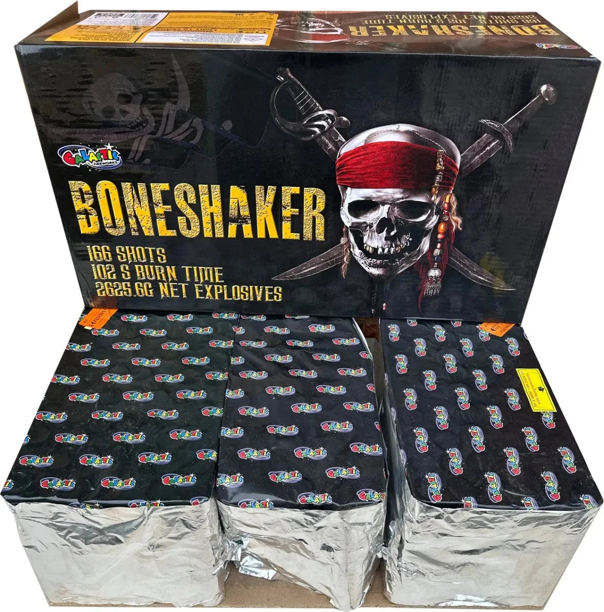 Boneshaker Compound 166-shot fanned F3 compound firework by Galactic Fireworks