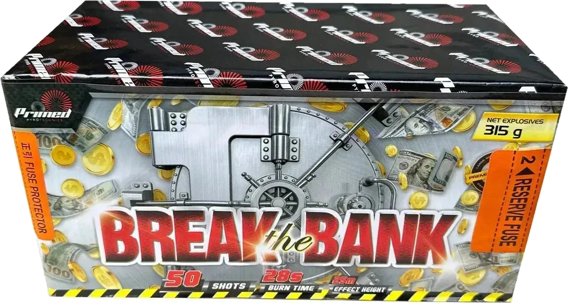 Break The Bank 50-shot F2 cake firework by Primed Pyrotechnics
