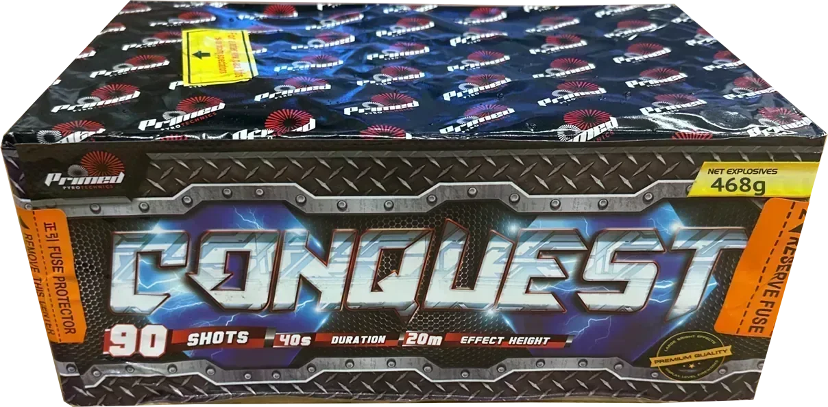 Conquest 90-shot fanned F2 cake firework by Primed Pyrotechnics