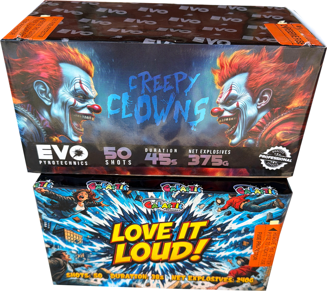 Creepy Clowns & Love It Loud firework bundle by Evo Fireworks and Galactic Fireworks