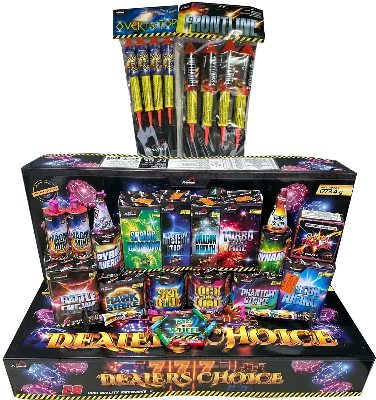 Dealers Choice 28-piece F3 firework selection box by Primed Pyrotechnics