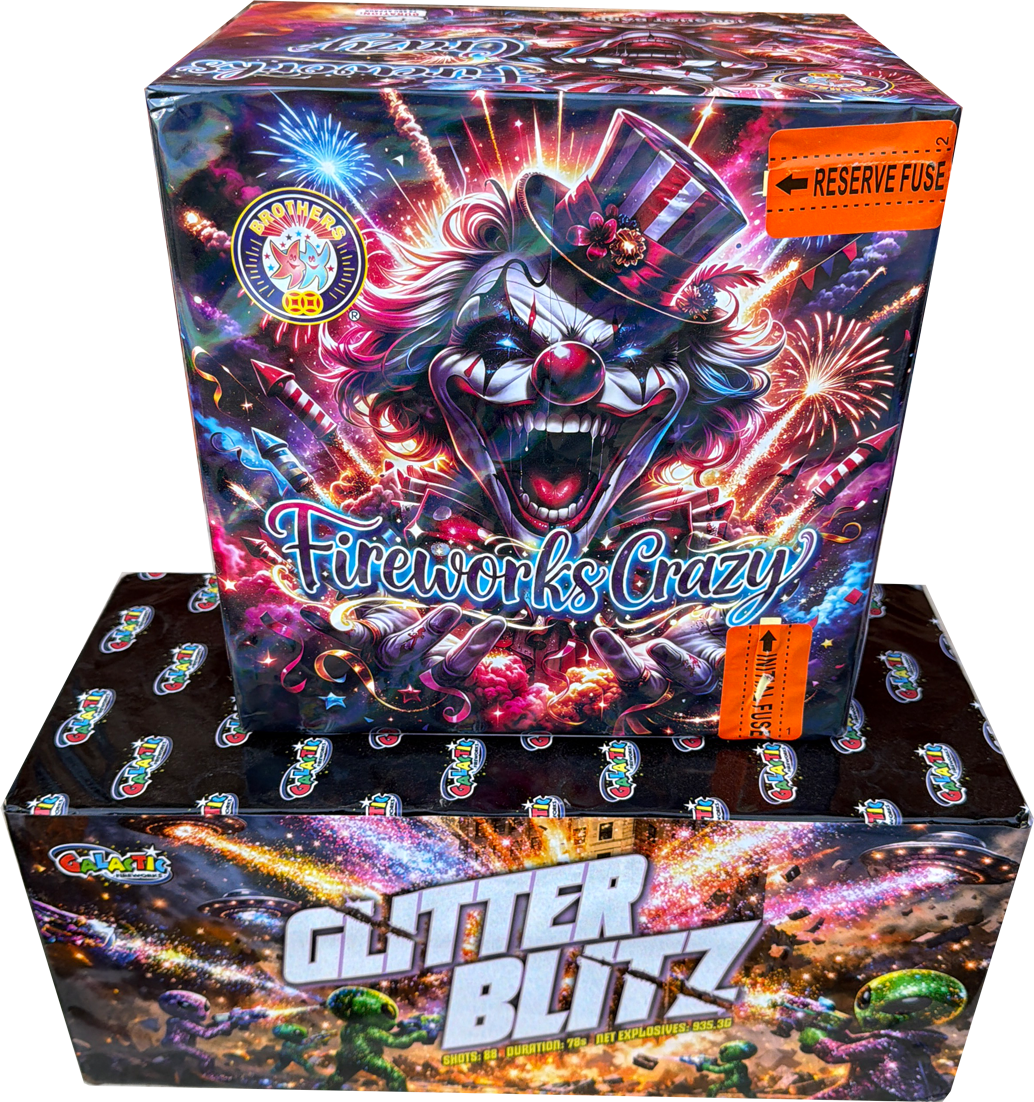 Fireworks Crazy & Glitter Blitz firework bundle by Brothers Pyrotechnics and Galactic Fireworks