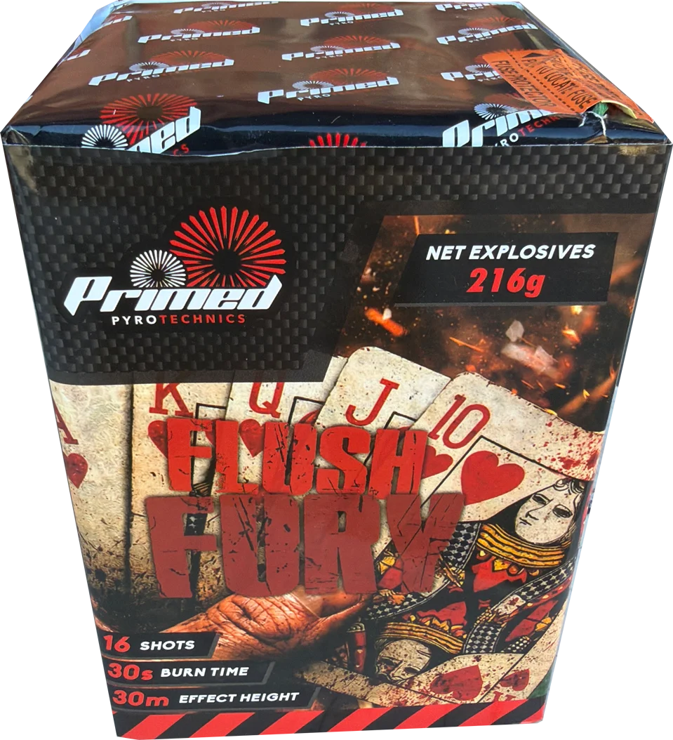 Flush Fury 16-shot F2 cake firework by Primed Pyrotechnics