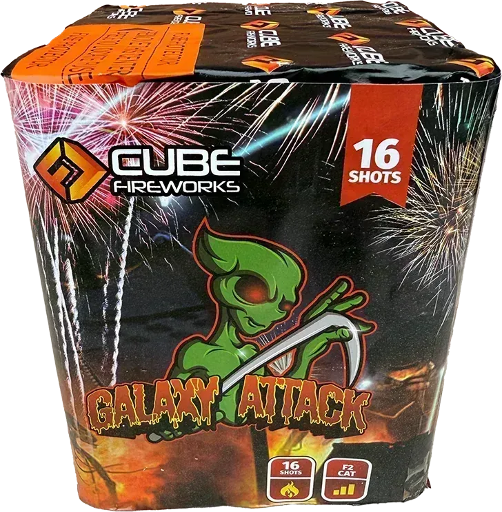 Galaxy Attack 16-shot cake firework by Cube Fireworks