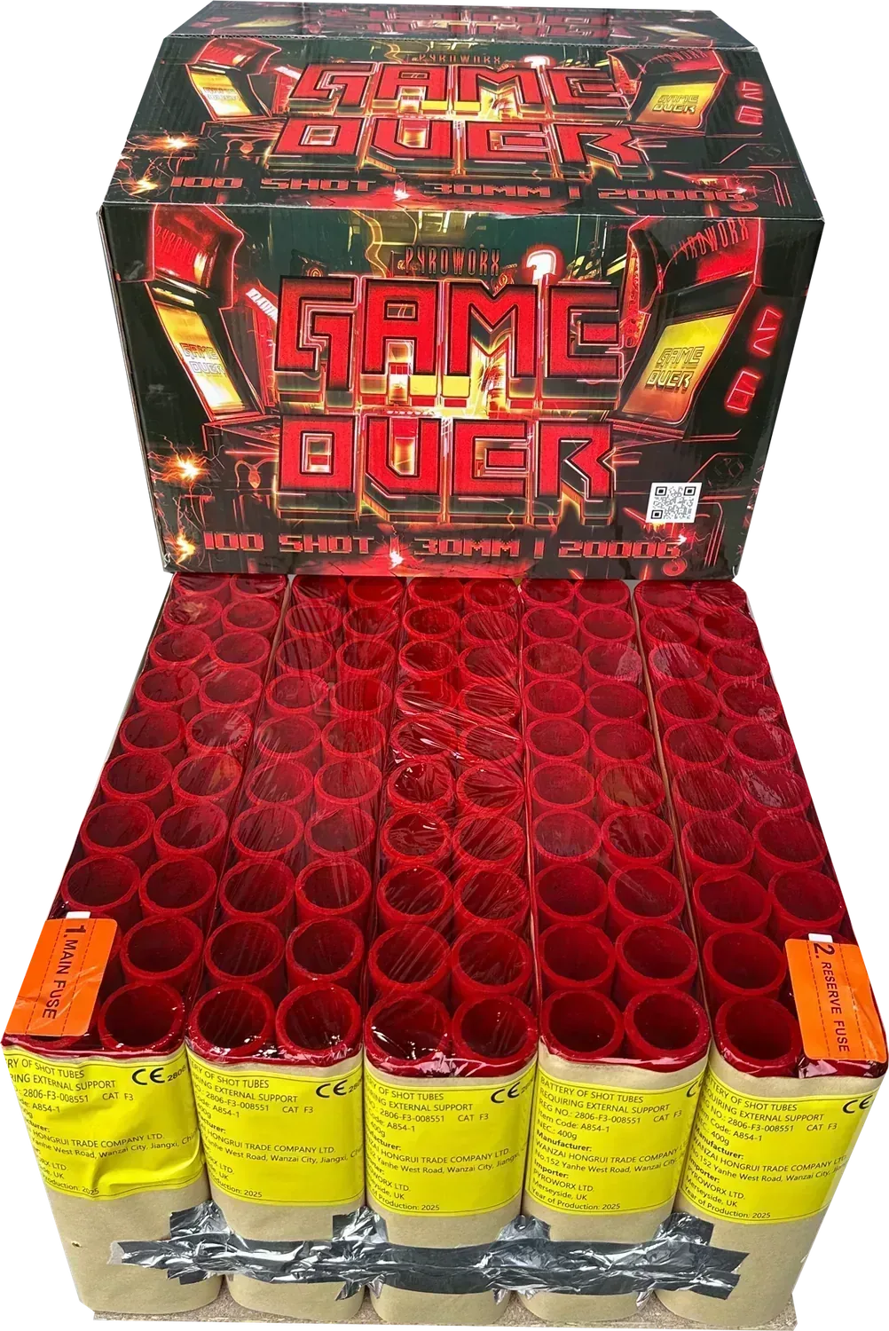 Game Over 100-shot finale compound firework by Pyroworx, shown out of box
