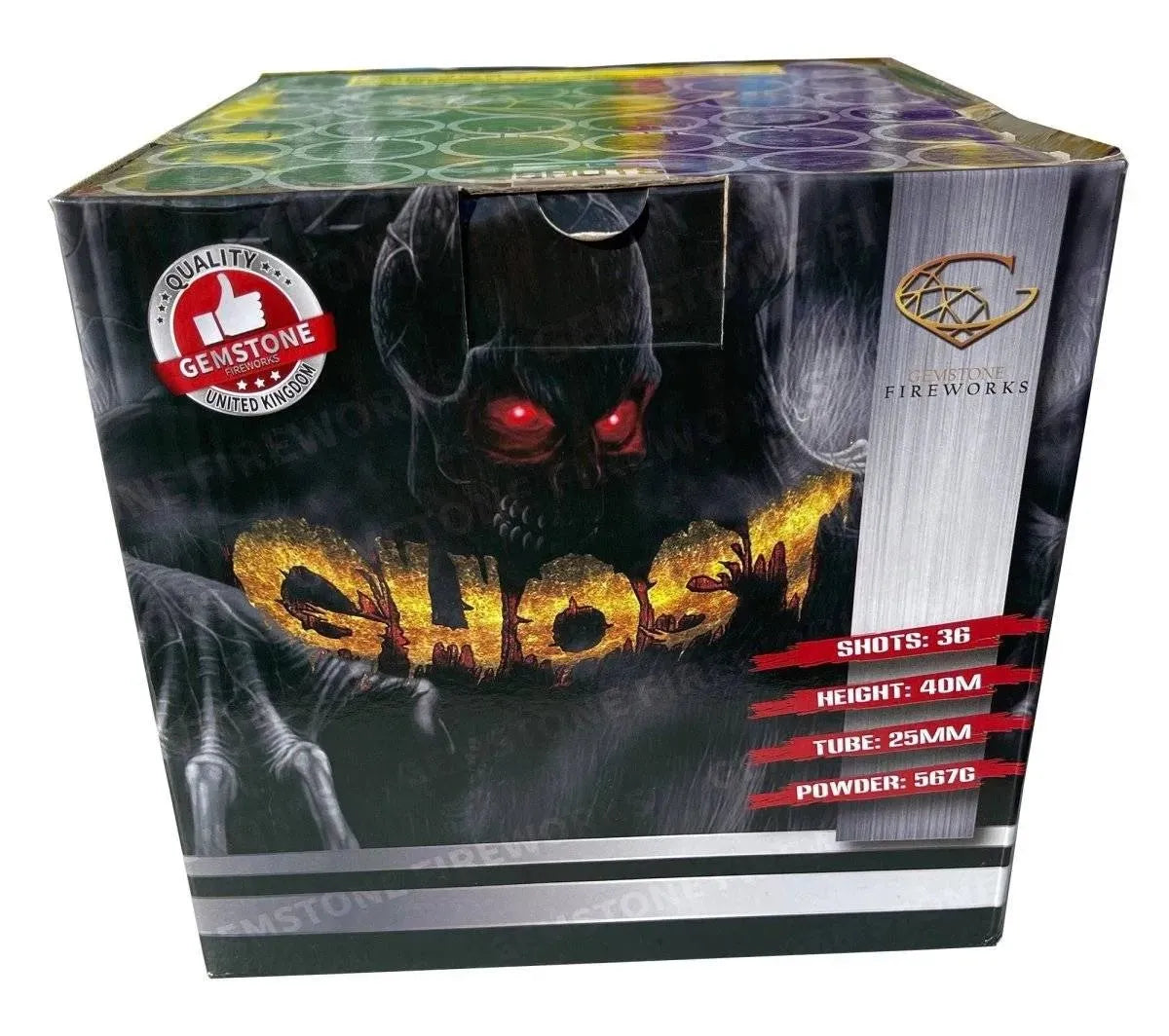 Ghost 36-shot straight-firing cake by Gemstone Fireworks in retail packaging, featuring dark ghost-themed artwork and product specifications.