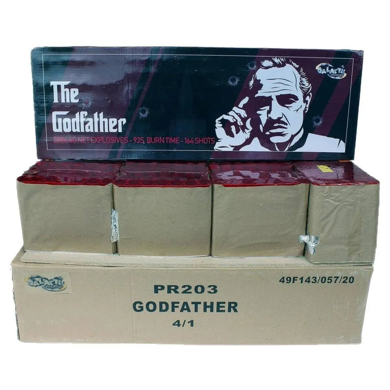 Godfather 164-shot compound cake by Primed Pyrotechnics in retail packaging, featuring bold branding and multiple firework units.