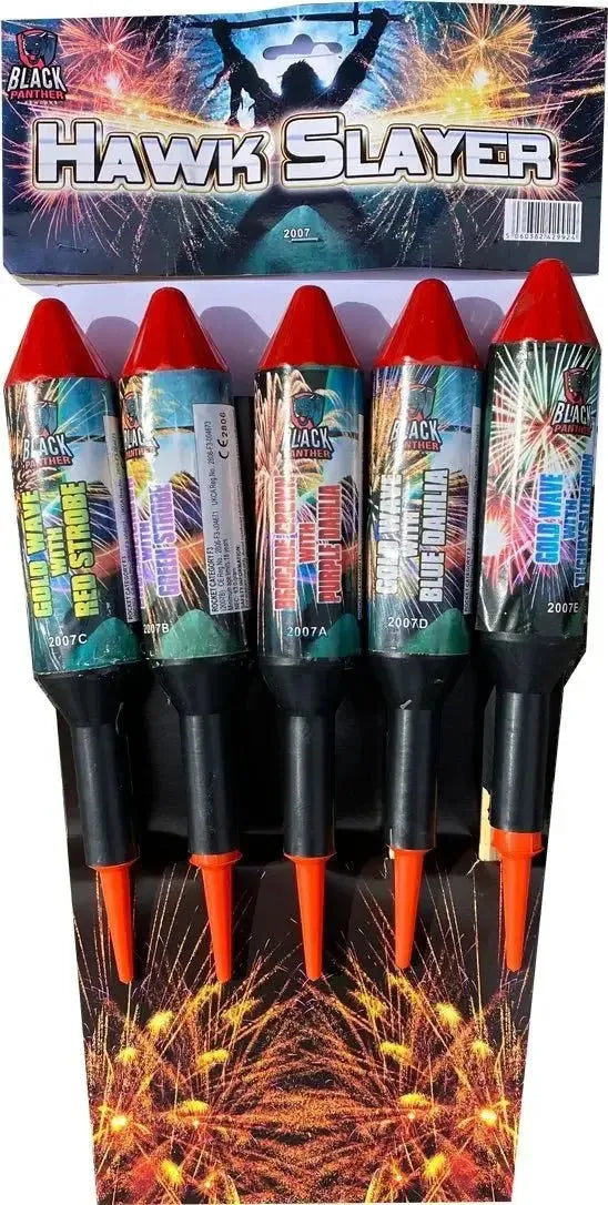 Hawk Slayer | Pack of 5 Loud, Powerful Rockets by Black Panther, featuring vibrant packaging and red rocket tips, ideal for party fireworks.