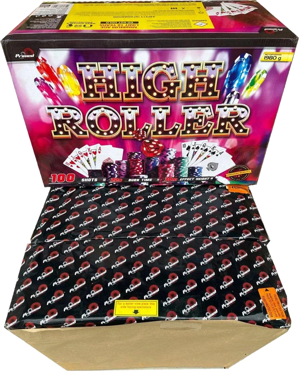 High Roller 100-shot fanned F3 compound firework by Primed Pyrotechnics