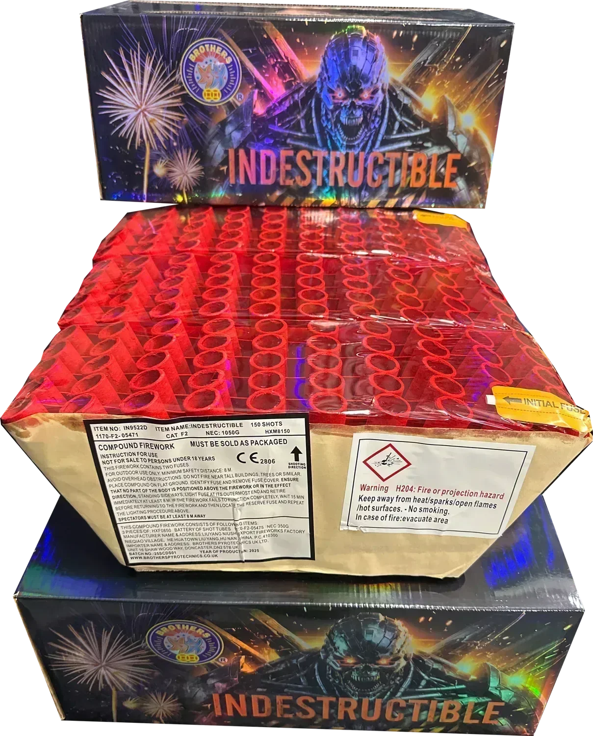 Indestructible 150-shot fanned compound firework by Brothers Pyrotechnics