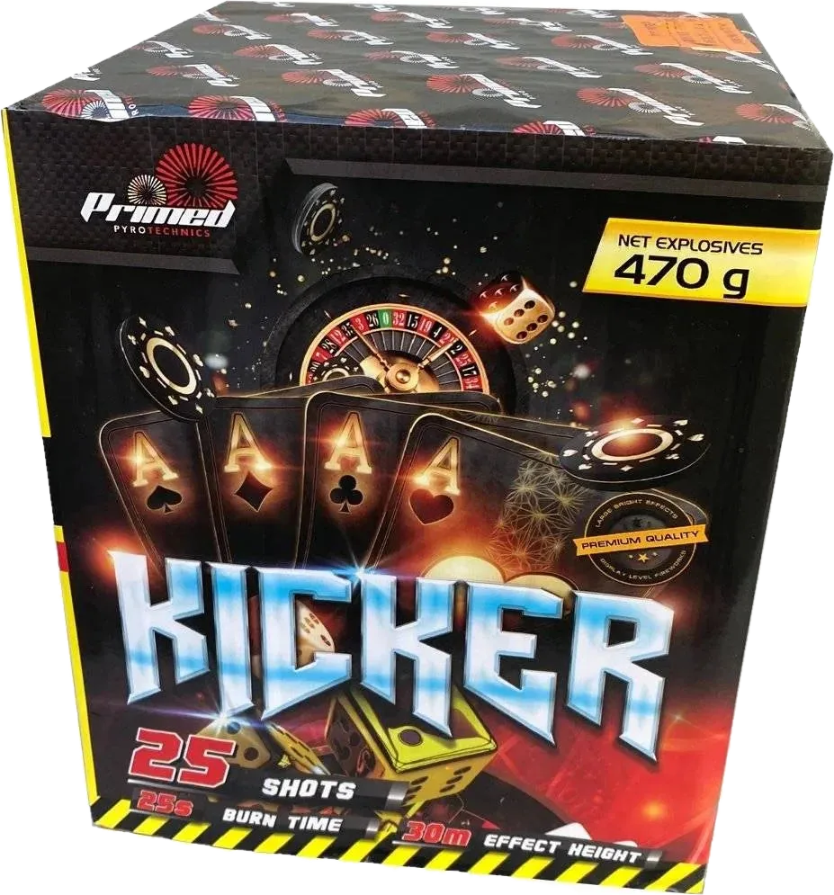 Kicker 25-shot big-bore F3 cake firework by Primed Pyrotechnics