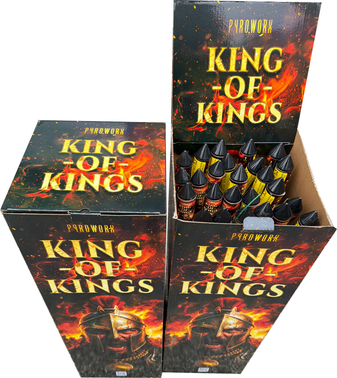King of Kings 25-rocket single-fuse volley box by Pyroworx