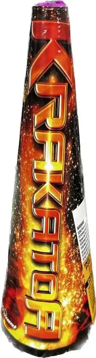 Krakatoa Fountain by Primed Pyrotechnics featuring bold red and yellow branding on a cone-shaped 500g firework for outdoor celebrations.