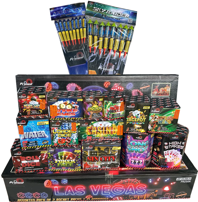 Las Vegas Crate by Primed Pyrotechnics complete firework display kit with 14 cakes and 16 rockets, ideal for party celebrations and events.