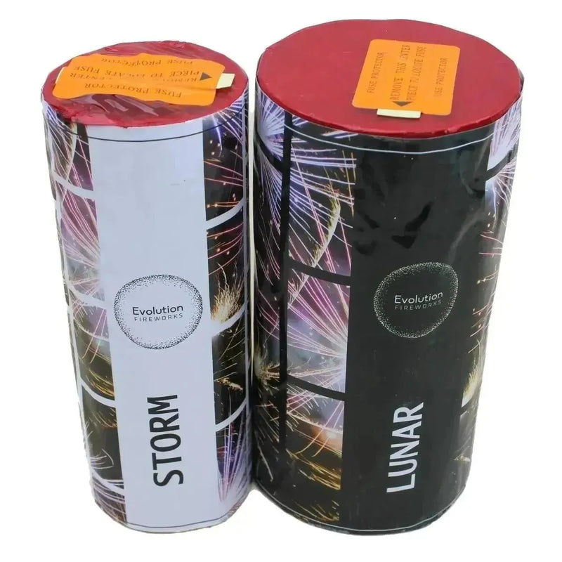 Lunar + FREE Storm twin pack fountain fireworks by Evolution Fireworks, featuring colorful cylindrical packaging with vibrant spark designs.