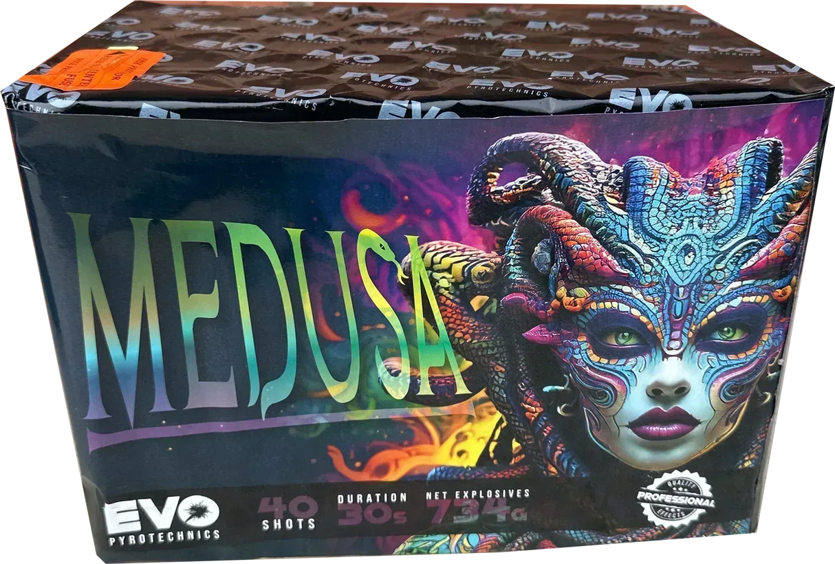 Evolution Fireworks Medusa 40 shot cake with red plum ghost effects.