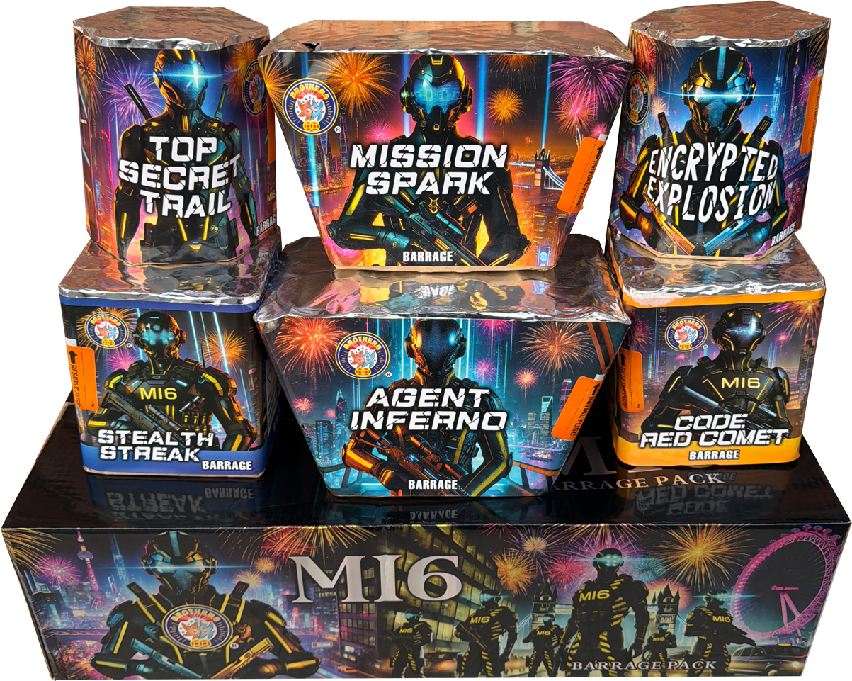 Brothers Pyrotechnics MI6 pack containing 6 assorted fireworks.