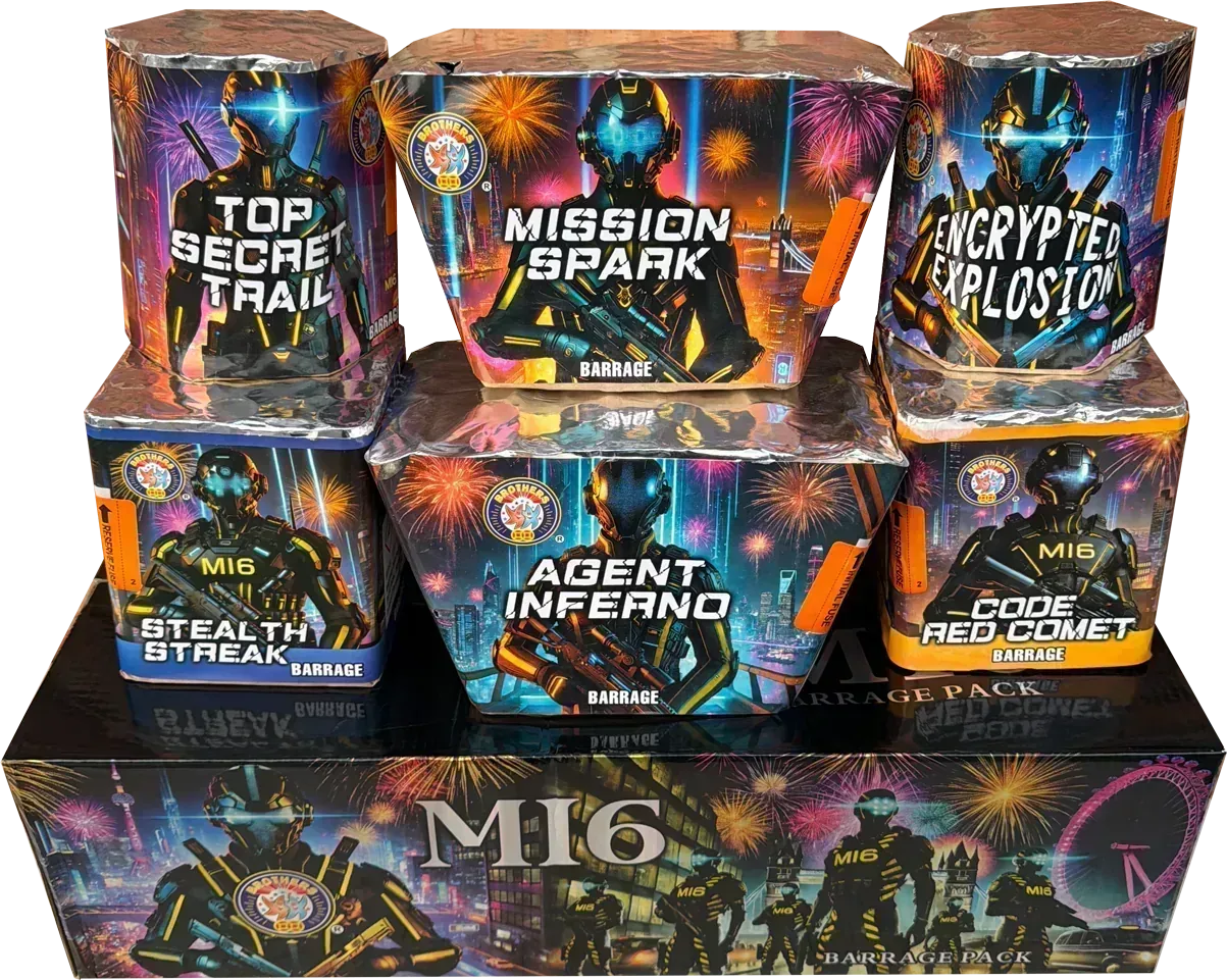 Brothers Pyrotechnics MI6 pack containing 6 assorted fireworks.