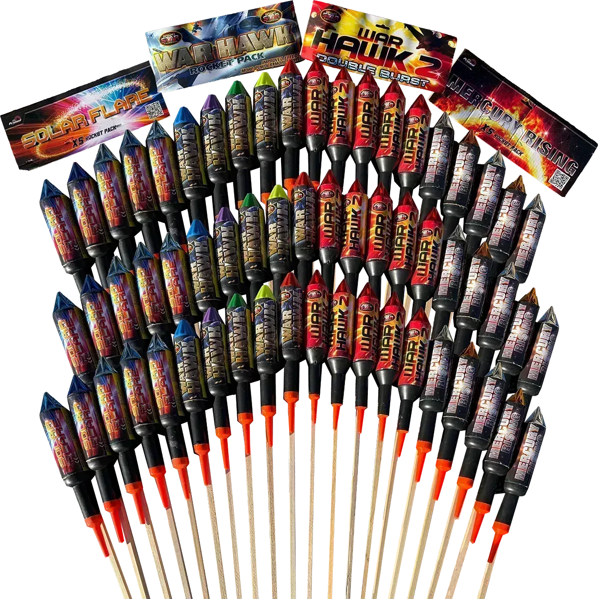Galactic Fireworks Mixed Rocket Bundle containing 60 rockets including War Hawks.