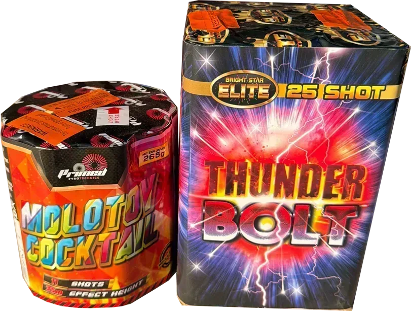Molotov Cocktail and Thunderbolt firework cakes twin pack.