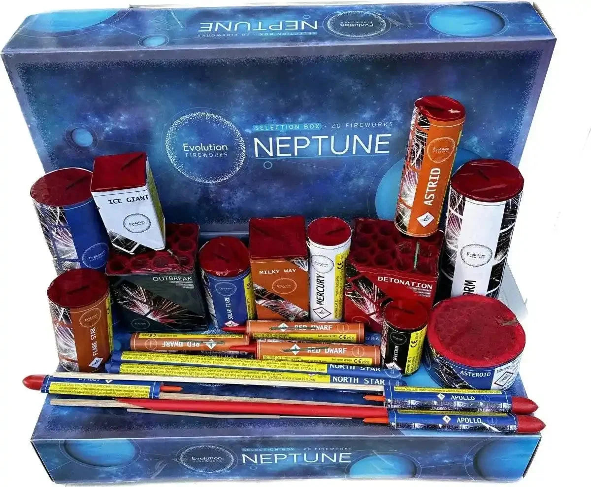 Neptune Box 20-piece low-noise F2 firework selection box by Evo Fireworks