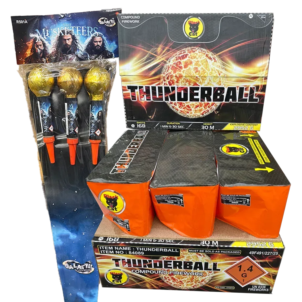 Galactic Fireworks New Year's Party pack with Thunderball compound and Three Musketeers rockets.