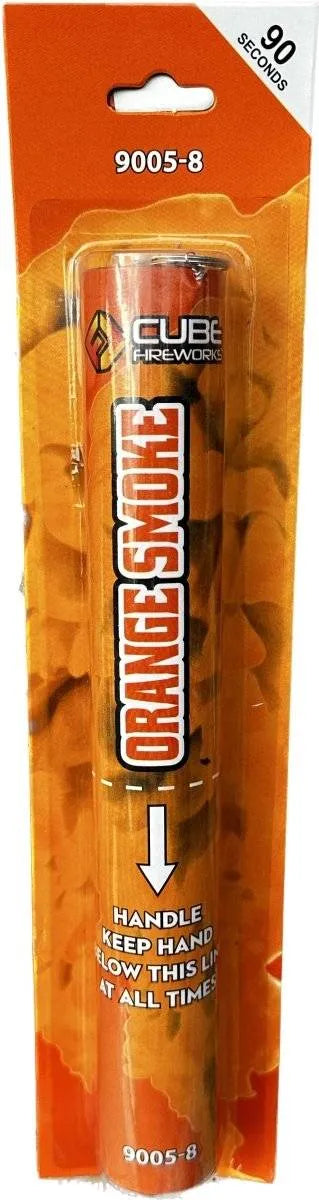 Orange Handheld Smoke Grenade by Cube Fireworks, orange wire-pull smoke for Halloween and autumn shoots, 60–90 seconds