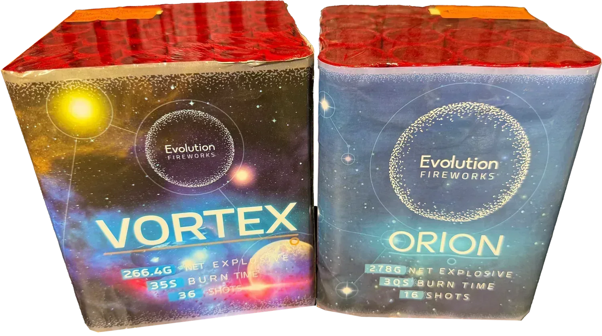 Evolution Fireworks Orion and Vortex twin pack cakes.