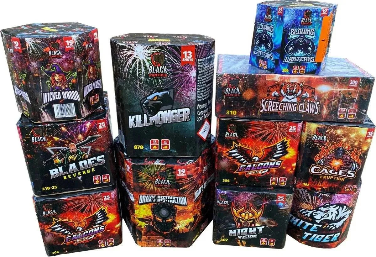 Panther Bag by Cube Fireworks 11-cake pack featuring vibrant firework cakes like Killmonger, Blades Revenge, and White Tiger for party celebrations.