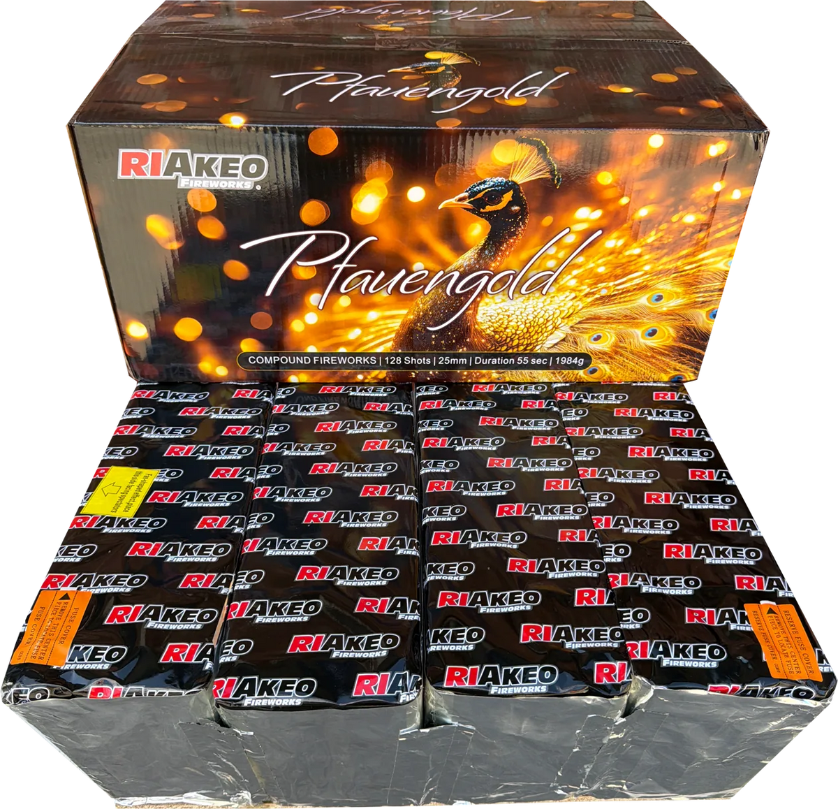 Pfauengold 128-shot fanned F2 compound firework by Riakeo