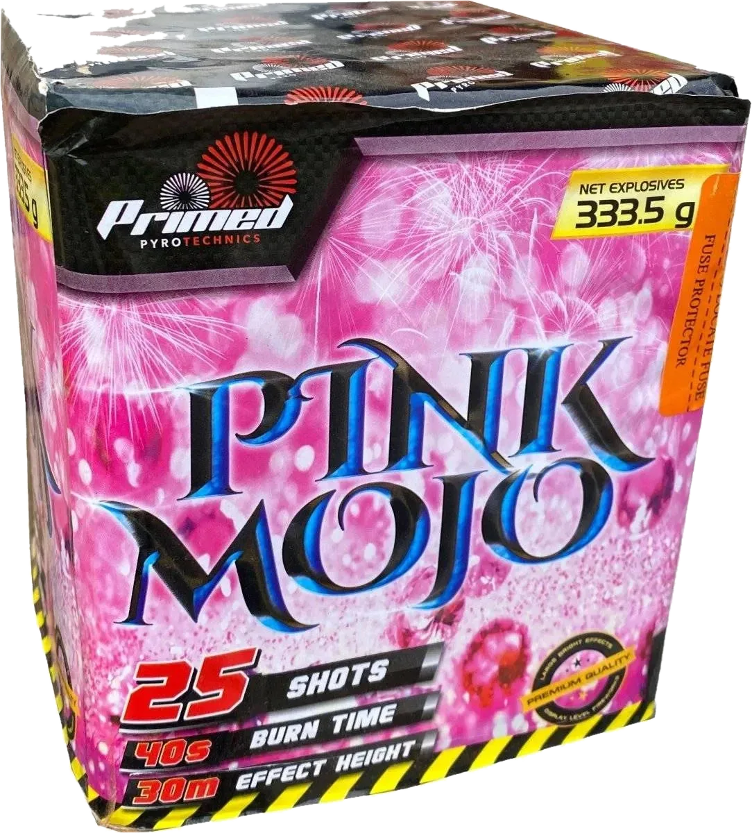 Pink Mojo 25-shot F3 cake firework by Primed Pyrotechnics