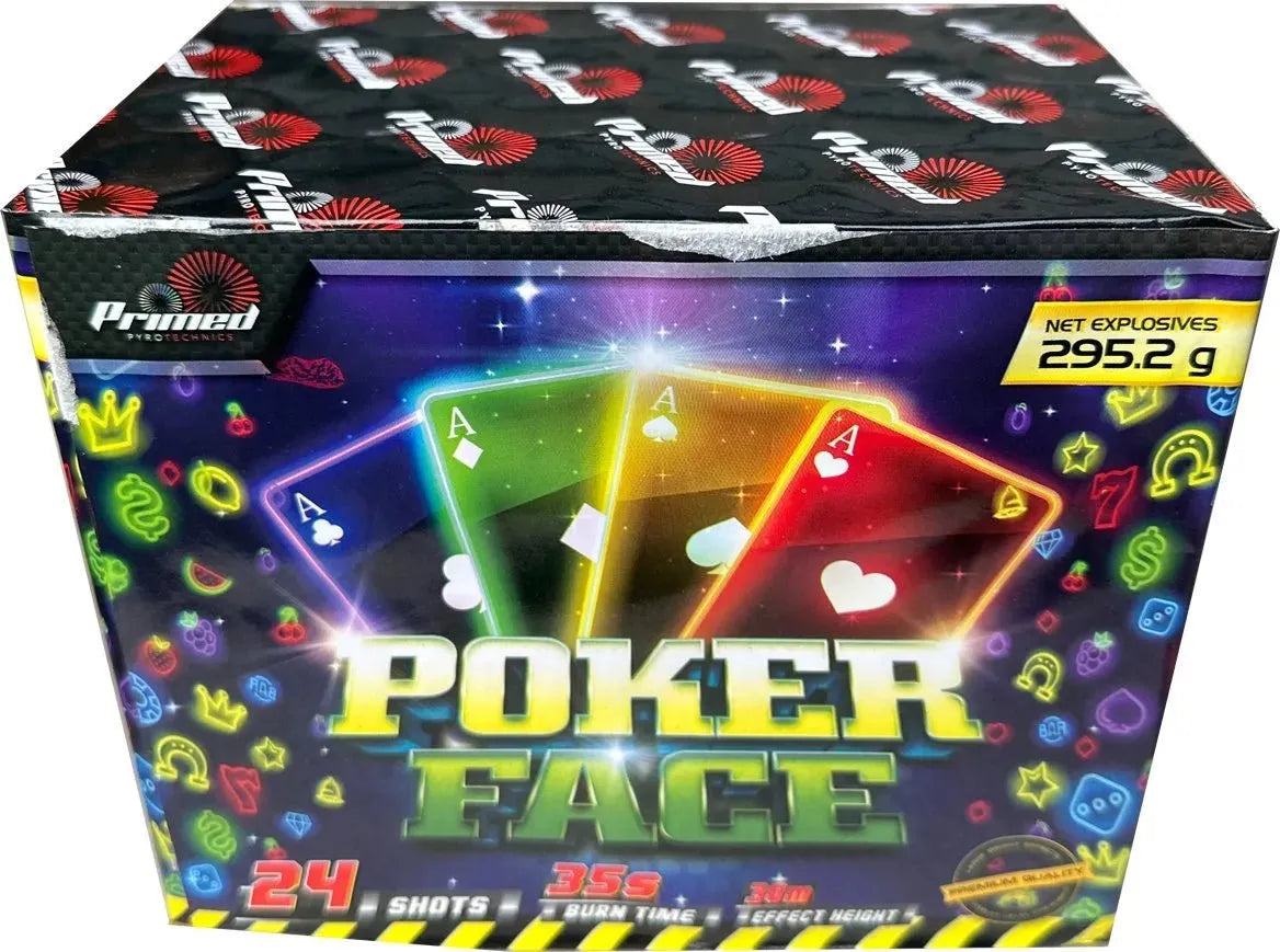 Poker Face 24 shot firework by Primed Pyrotechnics with 25mm tubes.