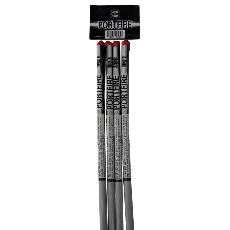 Portfires | Reliable Weatherproof Firework Lighters (4 Pack) shown in retail packaging with four long silver ignition sticks for safe firework lighting.