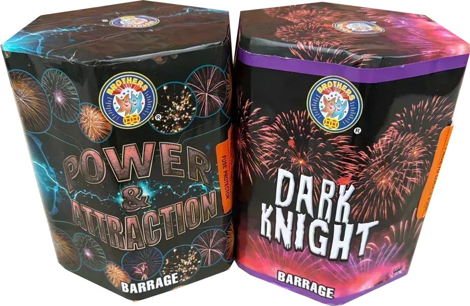 Twin pack of Power & Attraction and Dark Knight 1.3G firework cakes.