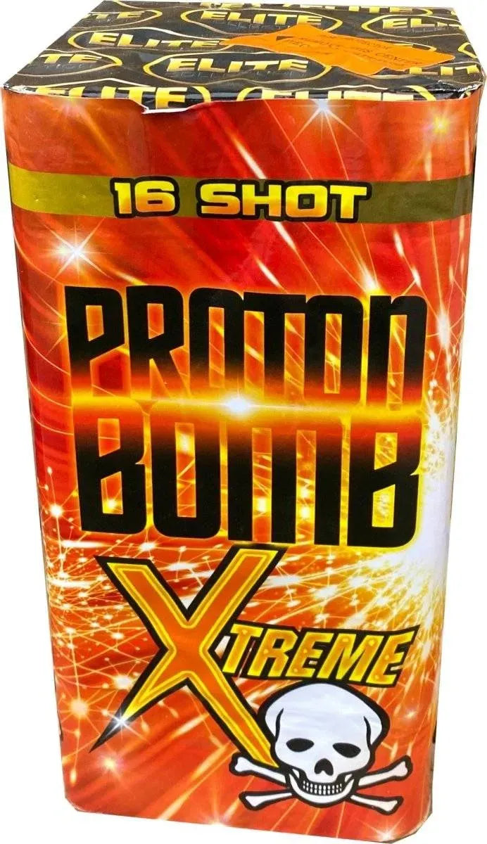 Proton Bomb Xtreme 16-shot cake by Bright Star with bold orange packaging and skull graphic, ideal for loud and colourful firework displays.