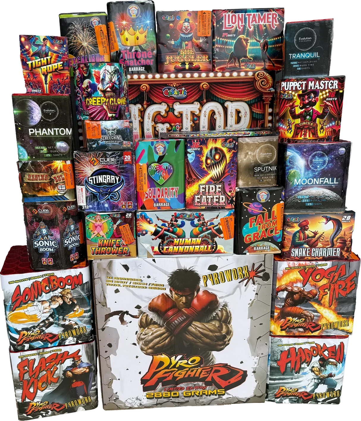 Puppetmaster Pack containing 25 assorted firework cakes including Big Top and Pyro Fighter ranges.