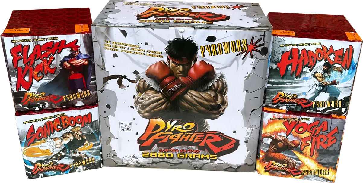 Pyro Fighter pack of 4 fireworks by Pyroworx including Sonic Boom and Hadoken.