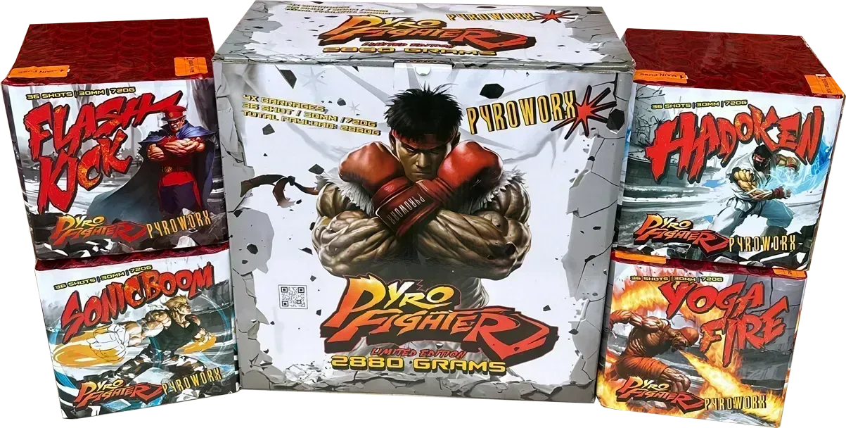Pyro Fighter pack of 4 fireworks by Pyroworx including Sonic Boom and Hadoken.