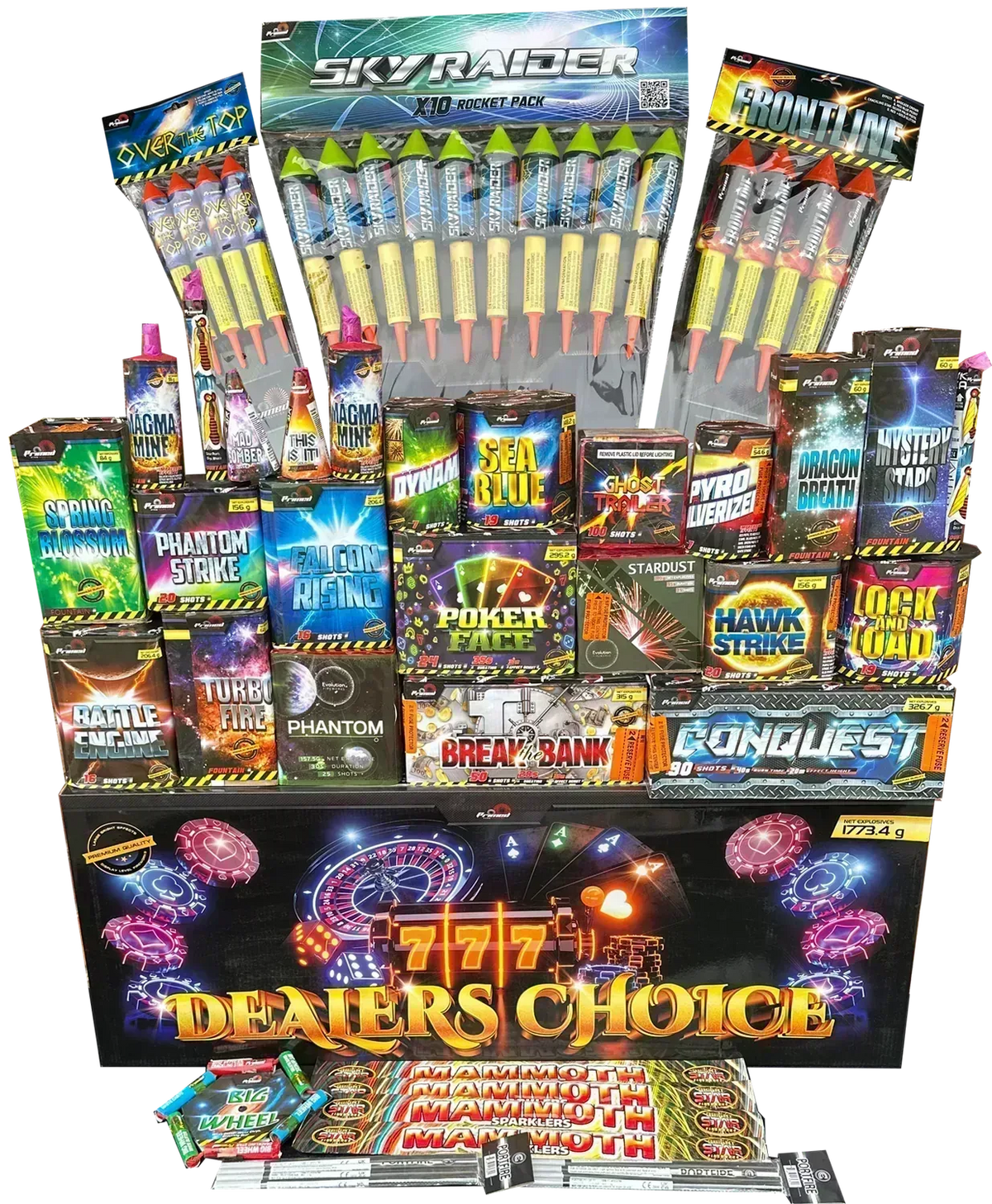 Pyro Party complete display pack with 49 fireworks including rockets and cakes.
