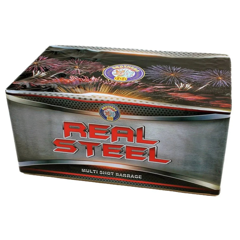 Real Steel 88-shot fanned cake by Brothers Pyrotechnics in retail packaging, featuring bold branding and fireworks imagery.